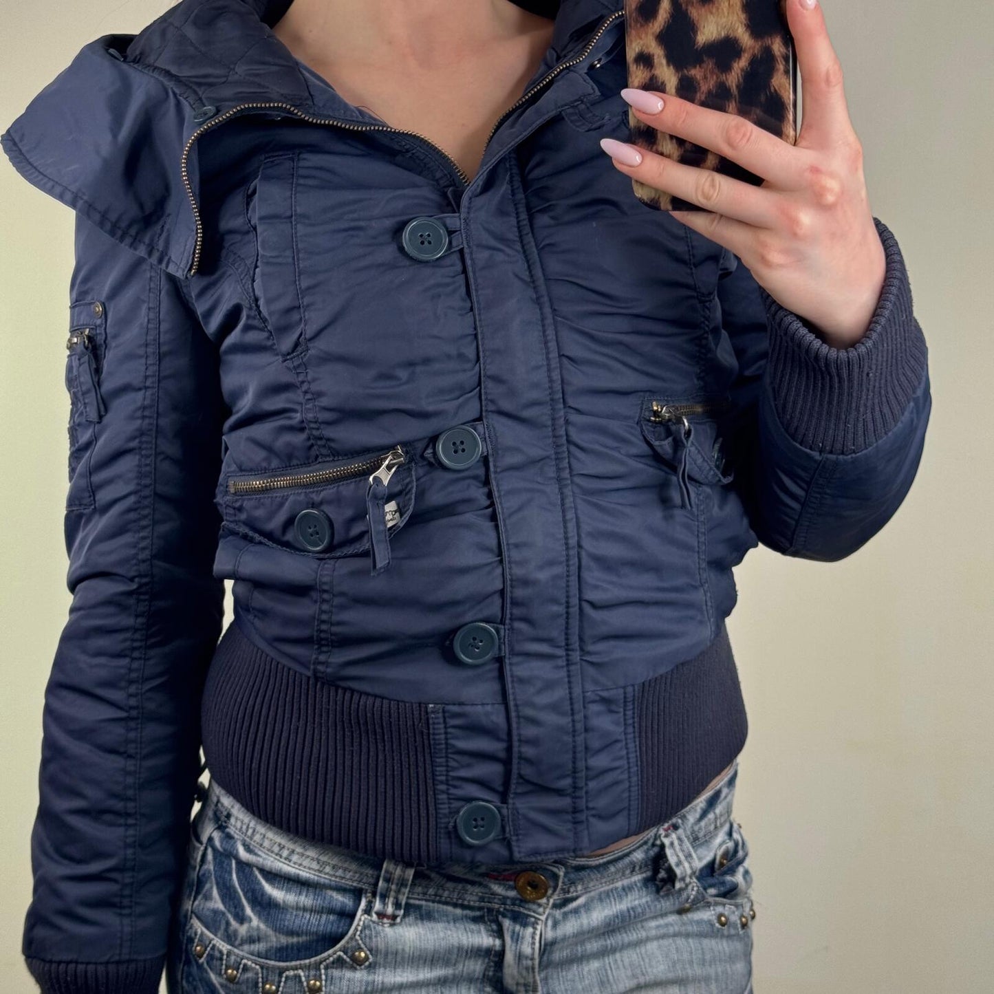 Y2K vintage bomber jacket short length utility zip button up hood cargo pocket