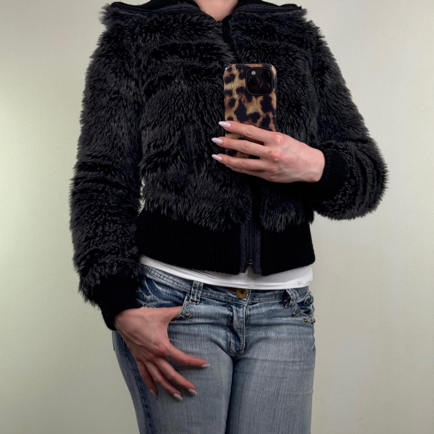 Y2K vintage bomber jacket faux fur zip up short length dark grey