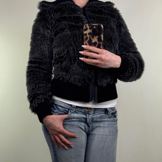 Y2K vintage bomber jacket faux fur zip up short length dark grey