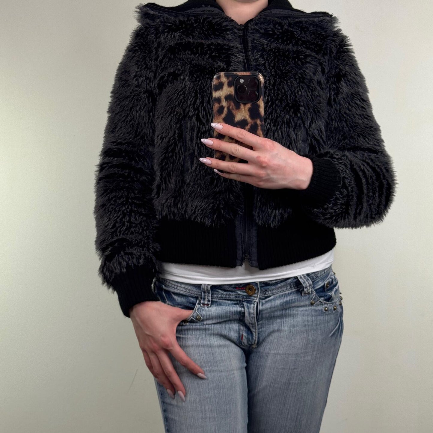 Y2K vintage bomber jacket faux fur zip up short length dark grey