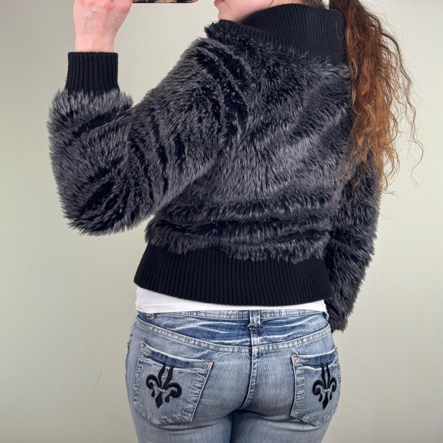 Y2K vintage bomber jacket faux fur zip up short length dark grey