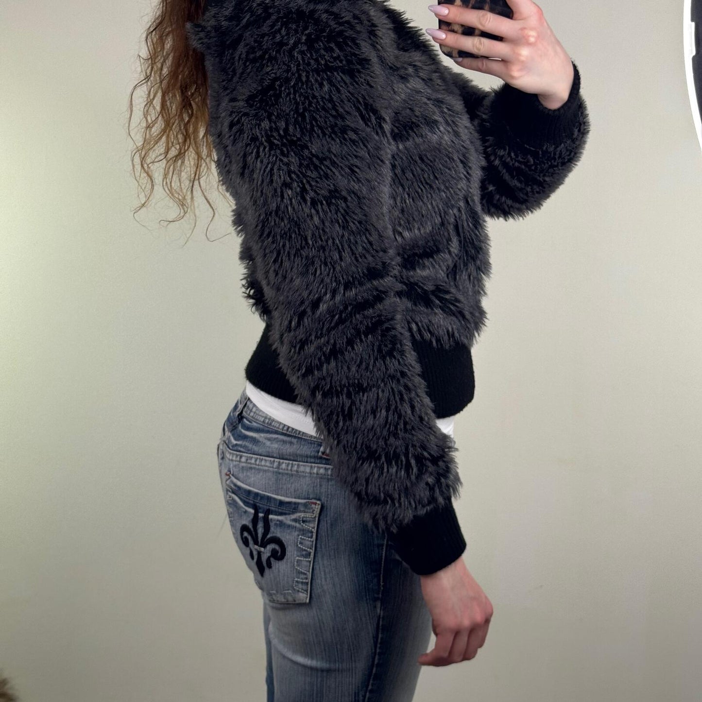 Y2K vintage bomber jacket faux fur zip up short length dark grey