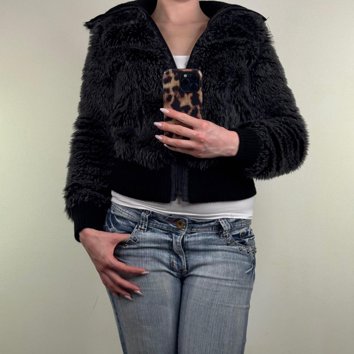 Y2K vintage bomber jacket faux fur zip up short length dark grey