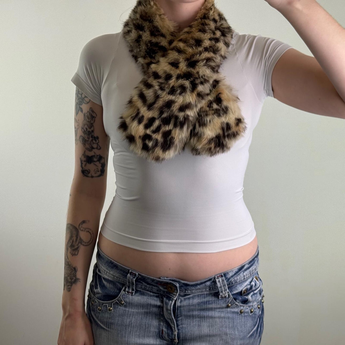 Y2K vintage genuine lapin fur scarf leopard print style pattern short length