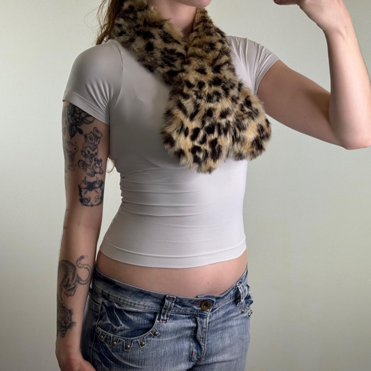 Y2K vintage genuine lapin fur scarf leopard print style pattern short length