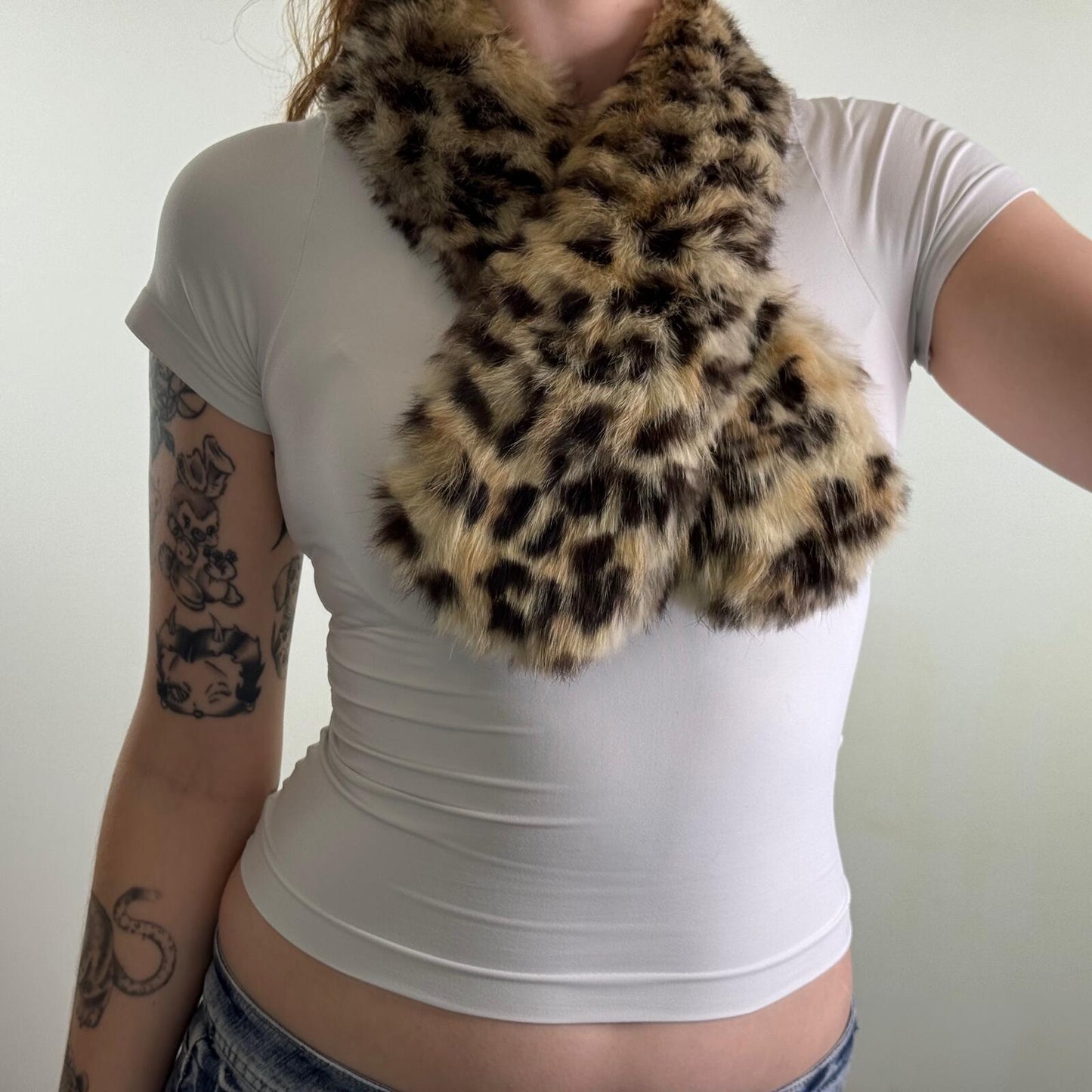 Y2K vintage genuine lapin fur scarf leopard print style pattern short length