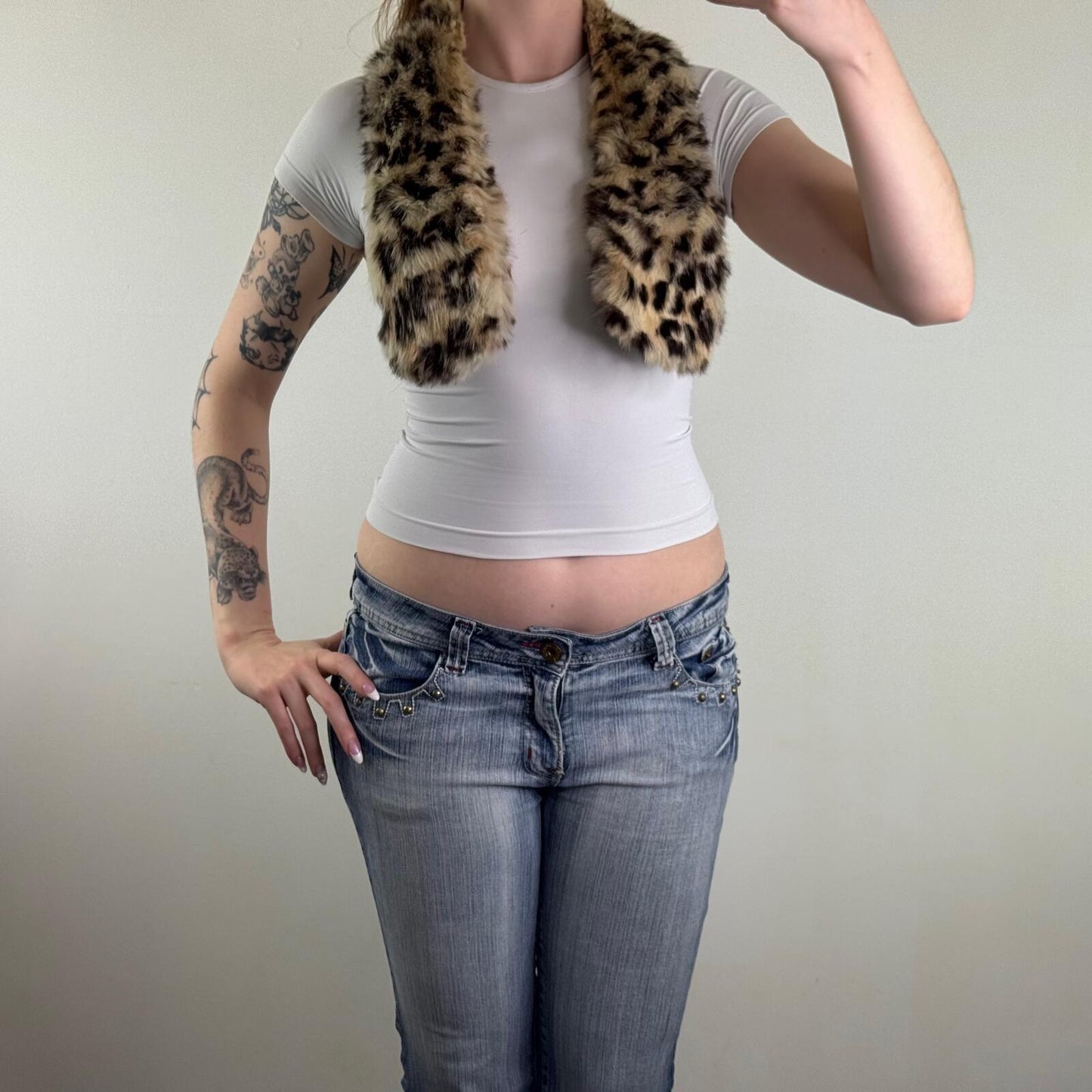 Y2K vintage genuine lapin fur scarf leopard print style pattern short length