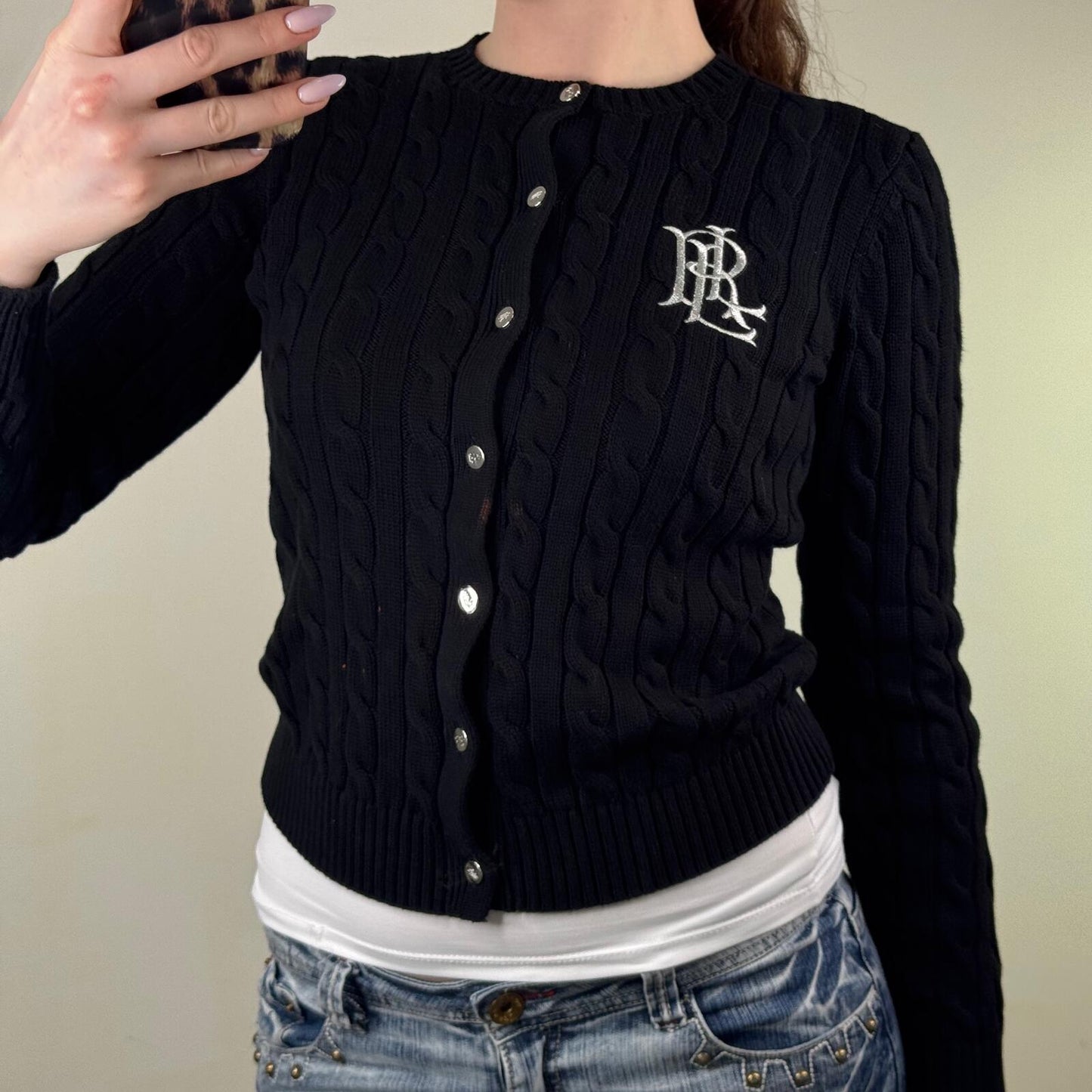 Lauren Ralph Lauren black ralhan cable knit cotton cardigan button up
