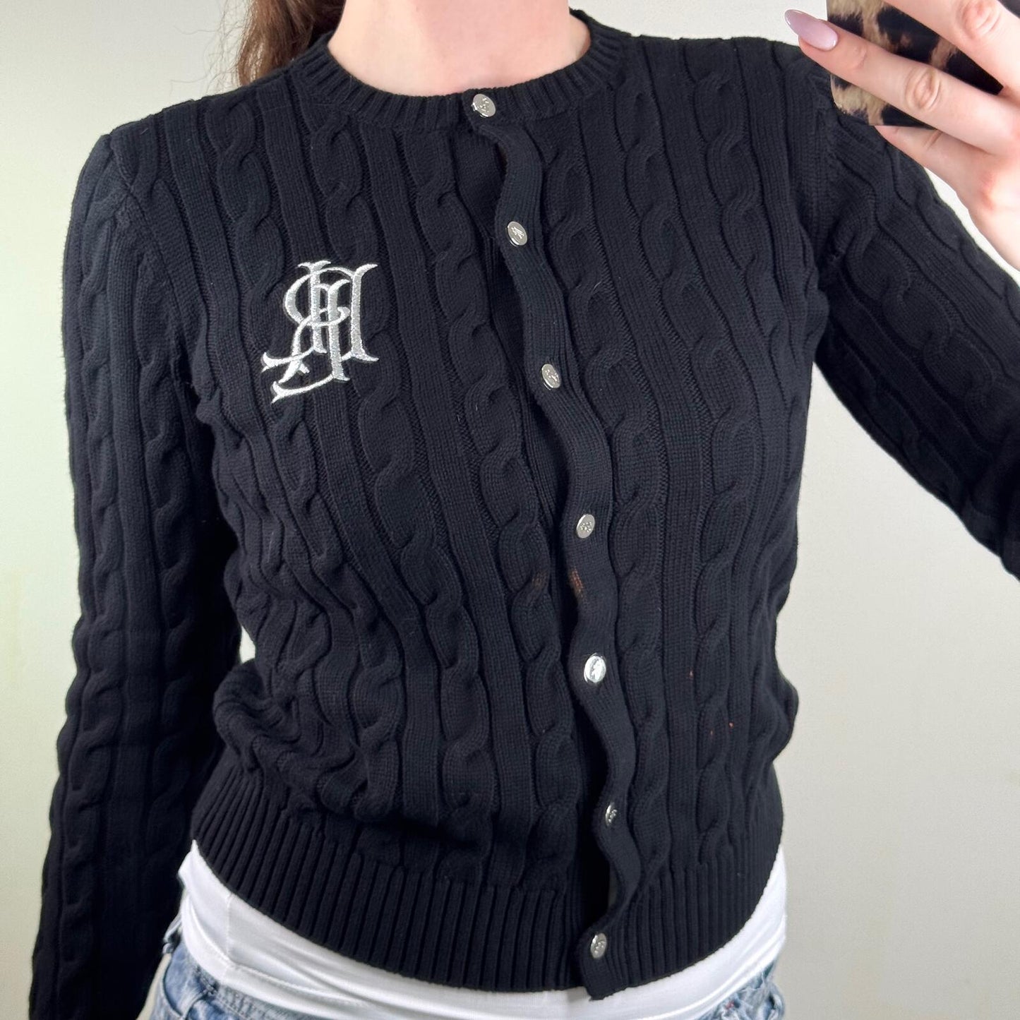 Lauren Ralph Lauren black ralhan cable knit cotton cardigan button up