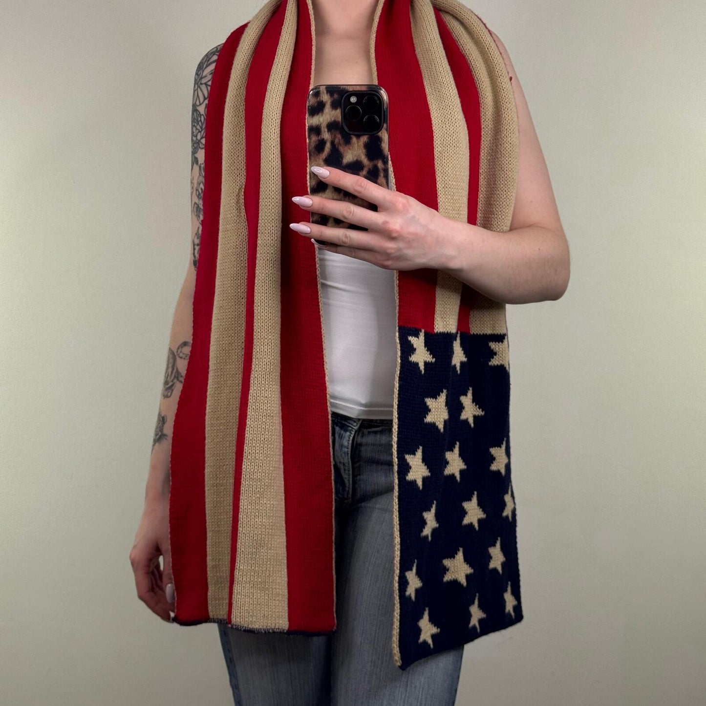 Y2K vintage scarf USA knit chunky oversized star stripe beige America unisex