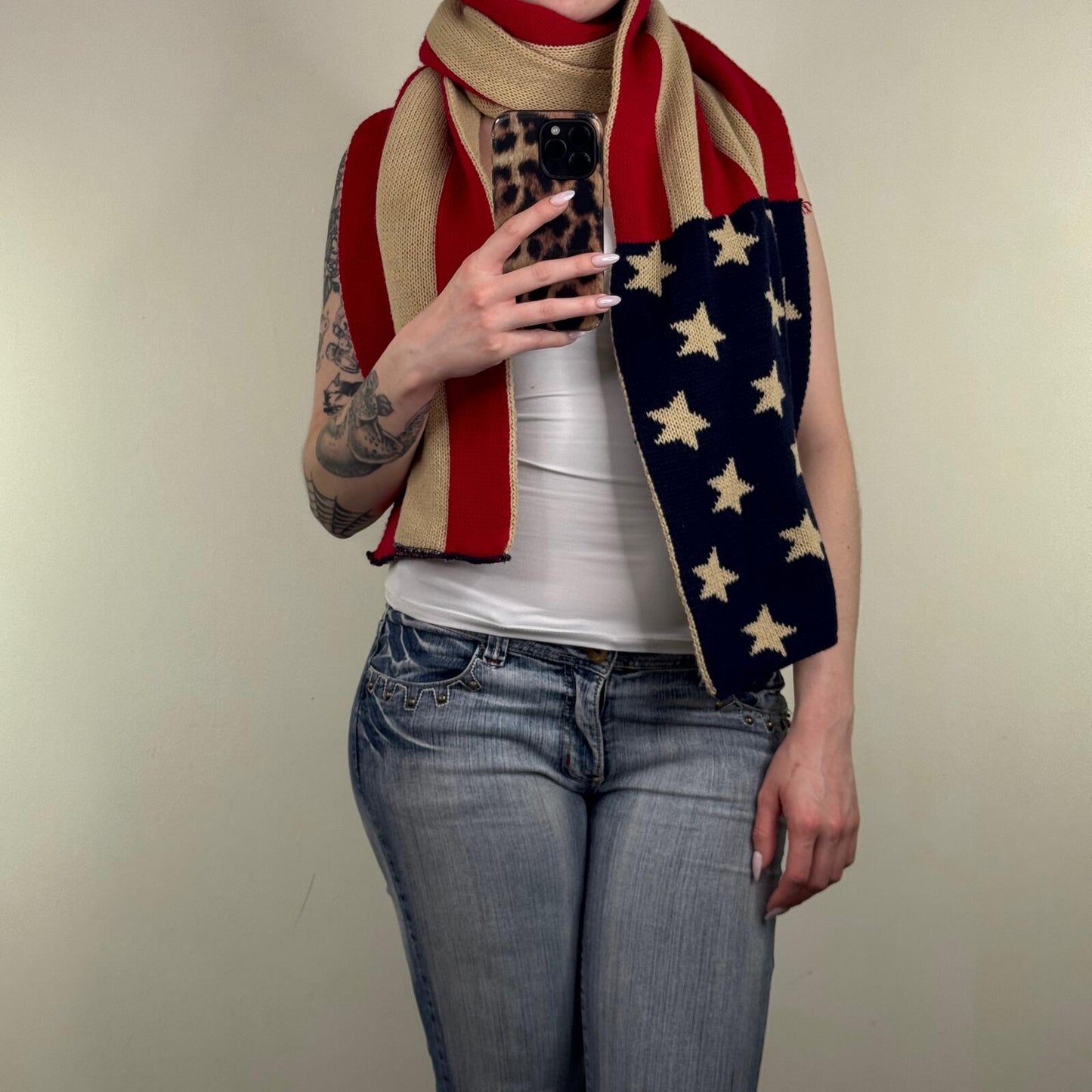 Y2K vintage scarf USA knit chunky oversized star stripe beige America unisex