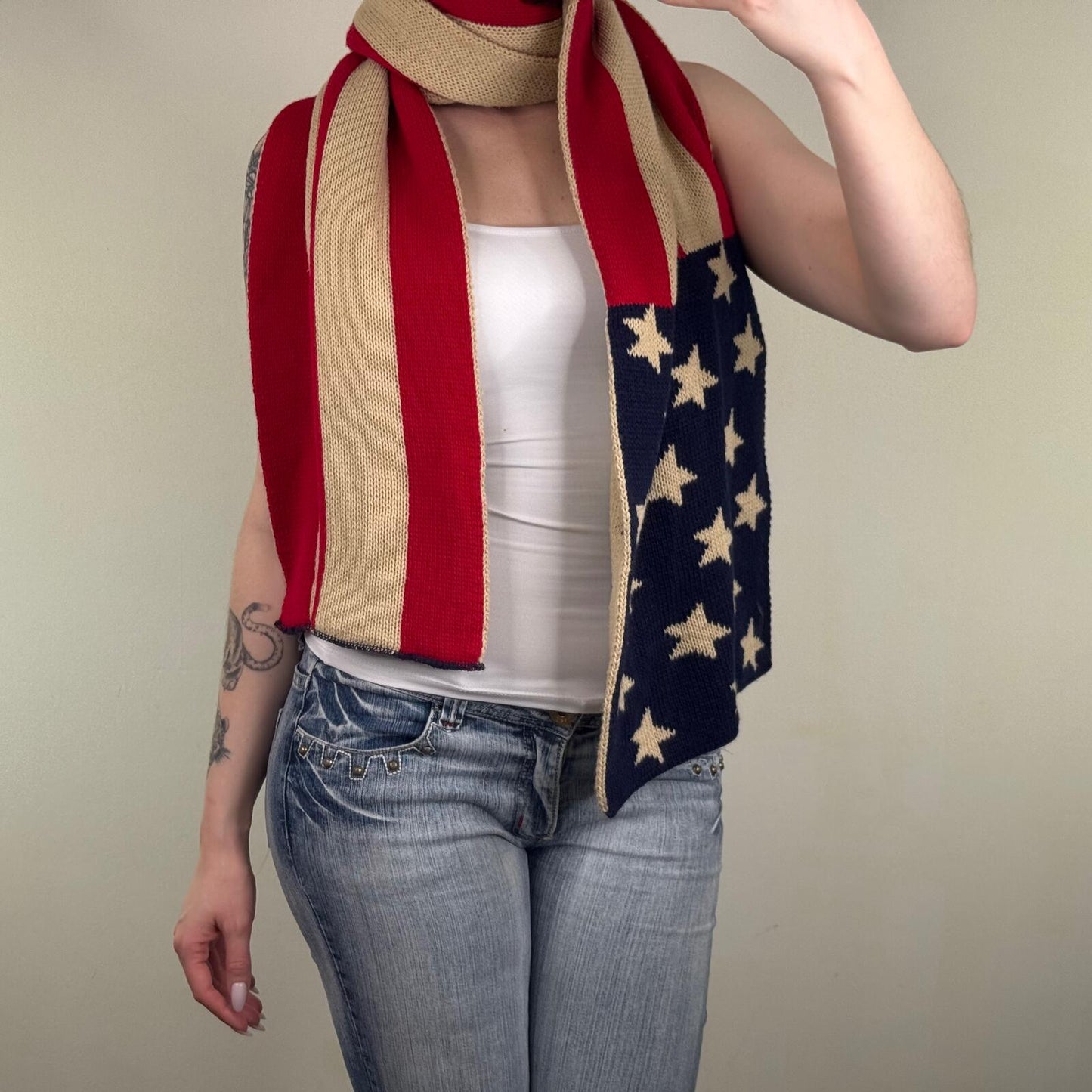 Y2K vintage scarf USA knit chunky oversized star stripe beige America unisex