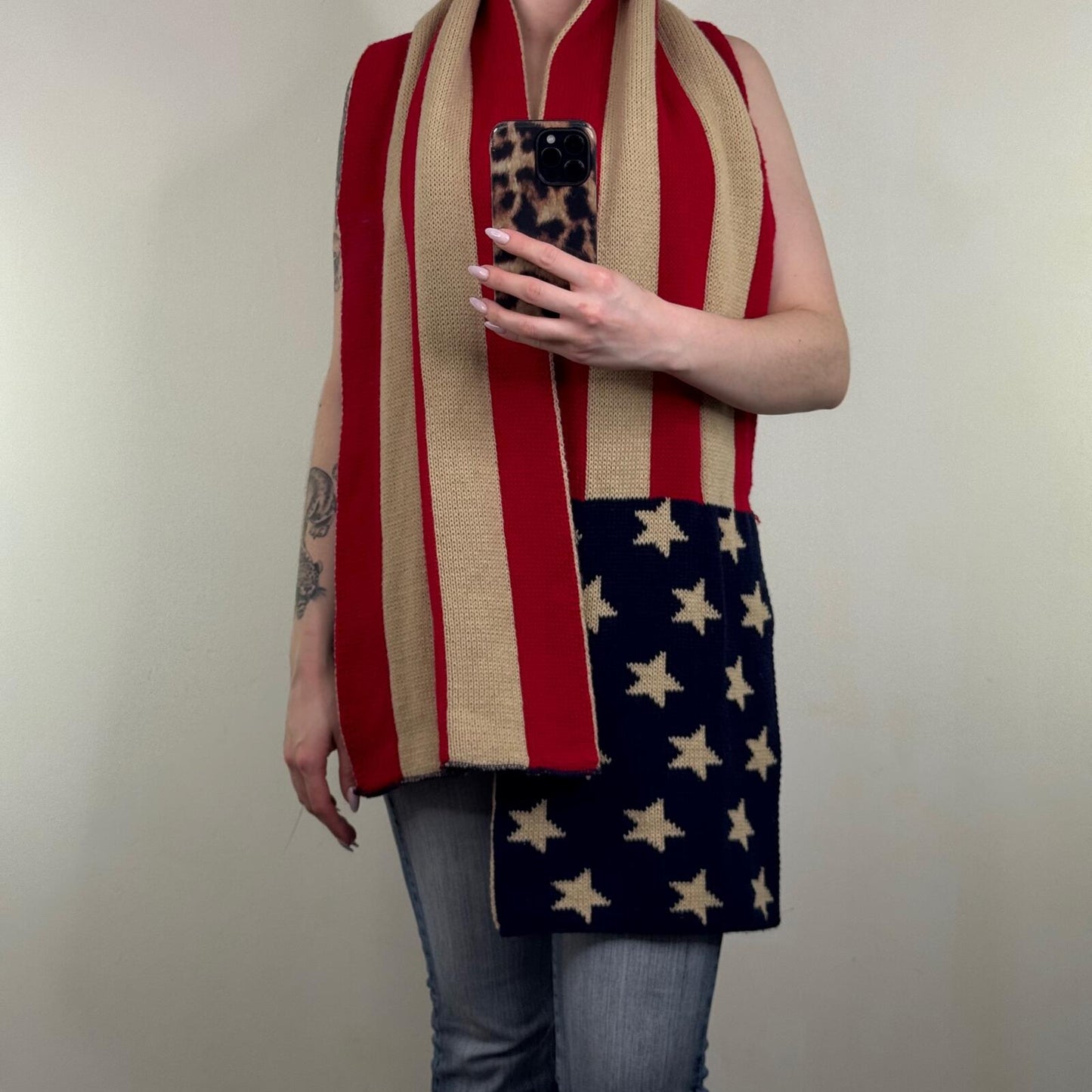 Y2K vintage scarf USA knit chunky oversized star stripe beige America unisex