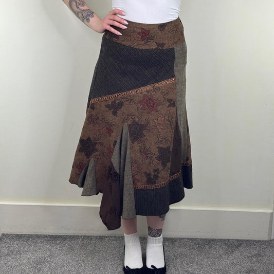 Y2K vintage floral maxi skirt a line patchwork asymmetrical stripe twee autumnal