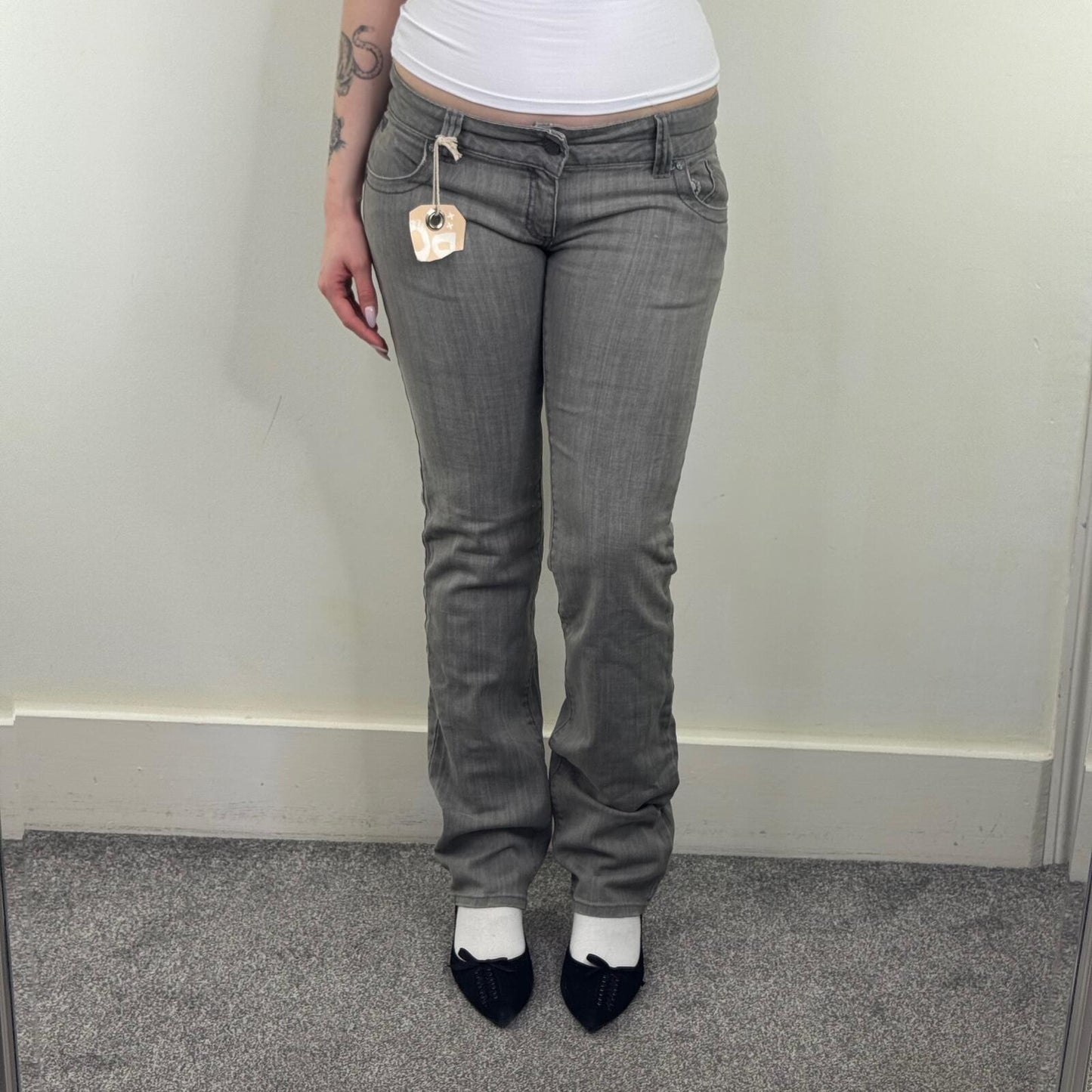Y2K vintage Roxy low rise bootcut denim jeans grey embroidered pockets stretchy