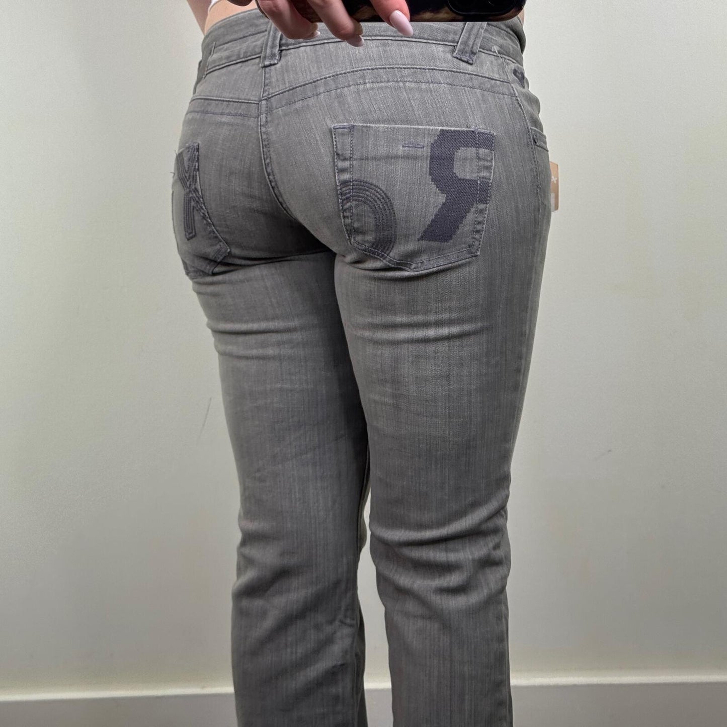 Y2K vintage Roxy low rise bootcut denim jeans grey embroidered pockets stretchy