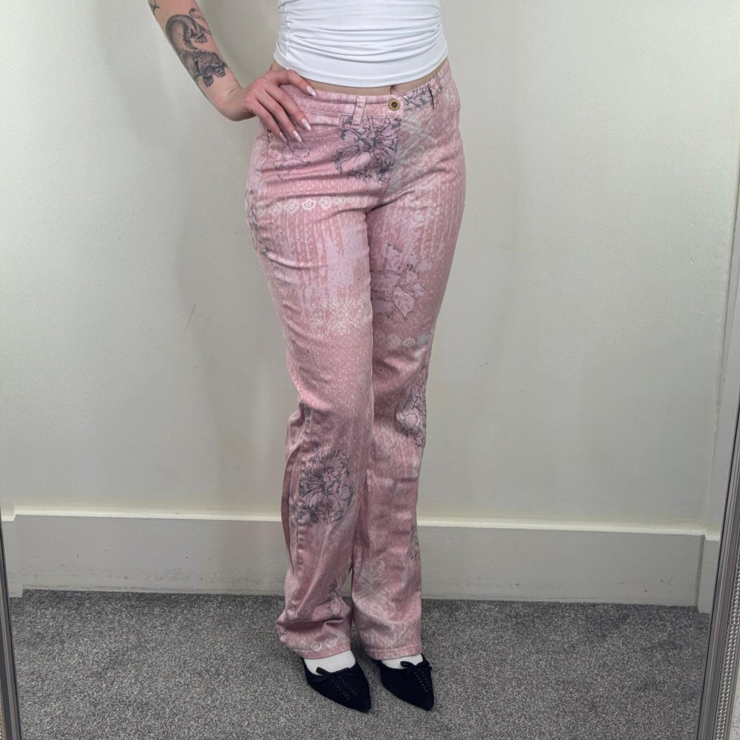 90s Y2K vintage bootcut denim jeans pink pattern floral rhinestones mid rise
