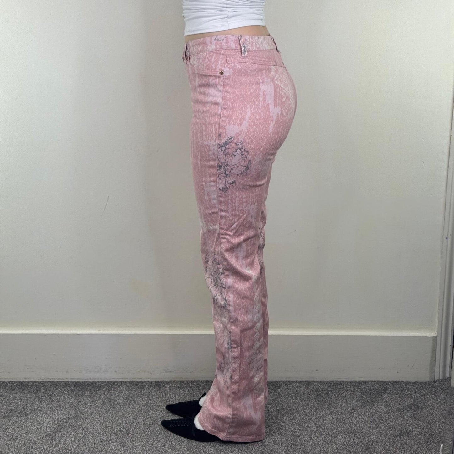 90s Y2K vintage bootcut denim jeans pink pattern floral rhinestones mid rise