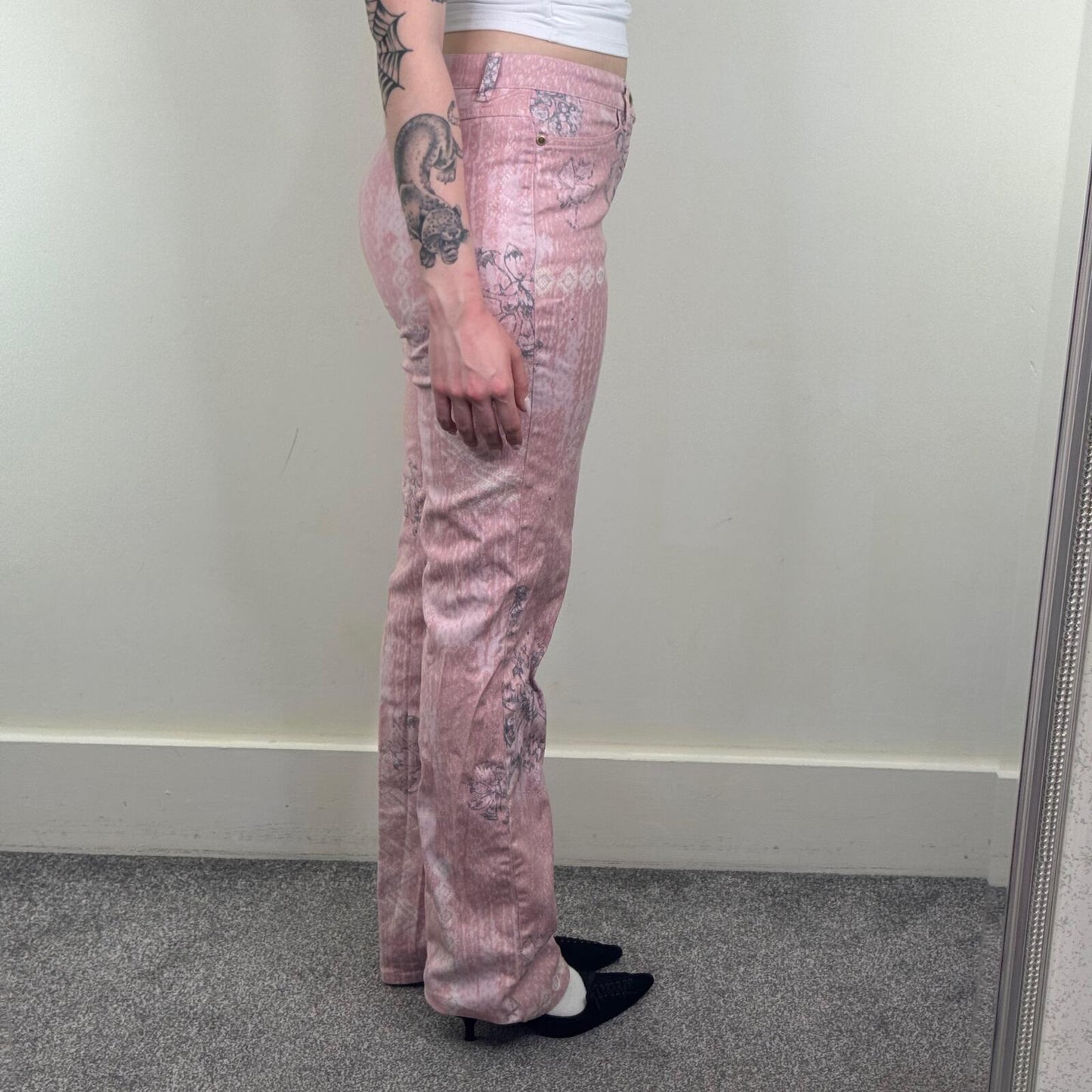 90s Y2K vintage bootcut denim jeans pink pattern floral rhinestones mid rise