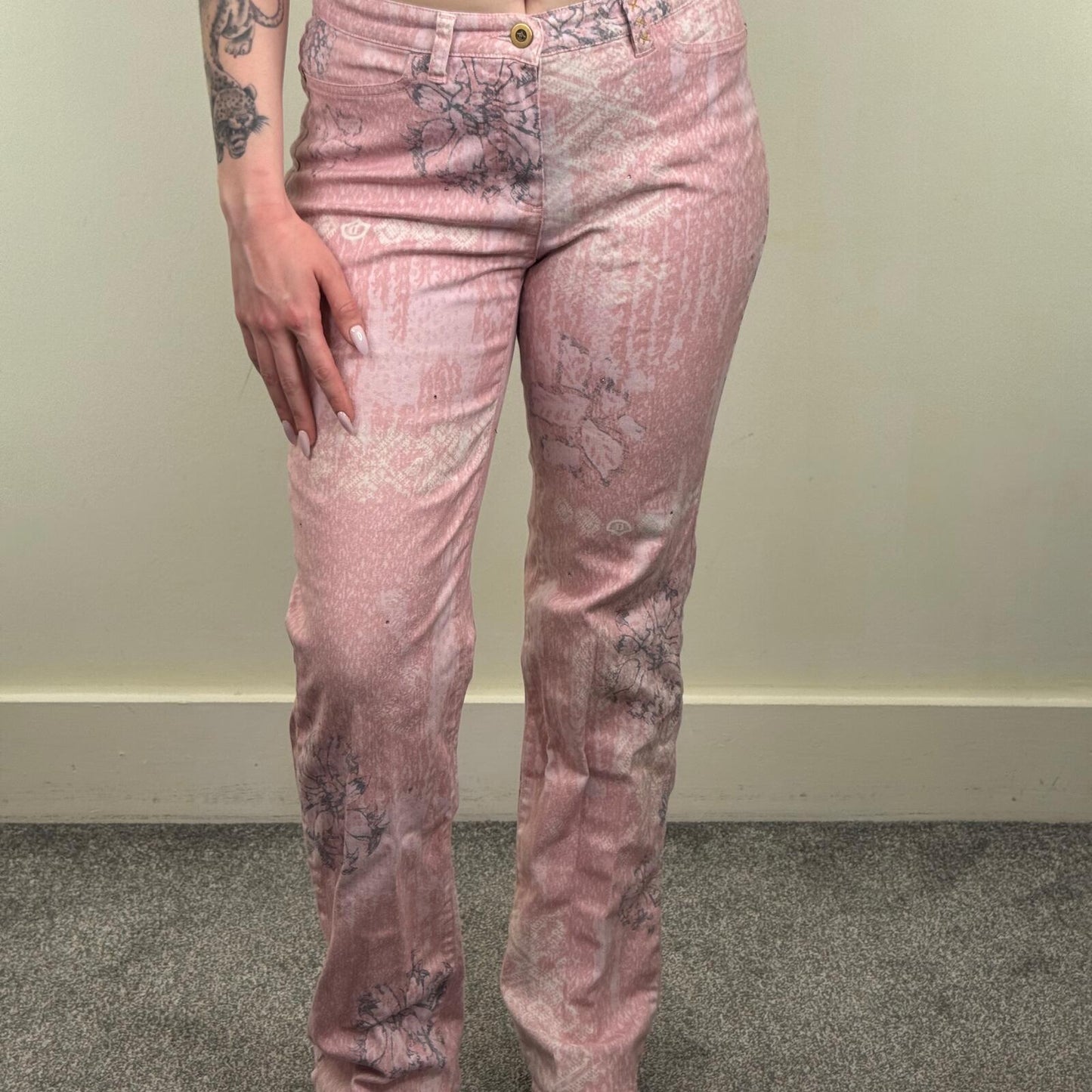 90s Y2K vintage bootcut denim jeans pink pattern floral rhinestones mid rise