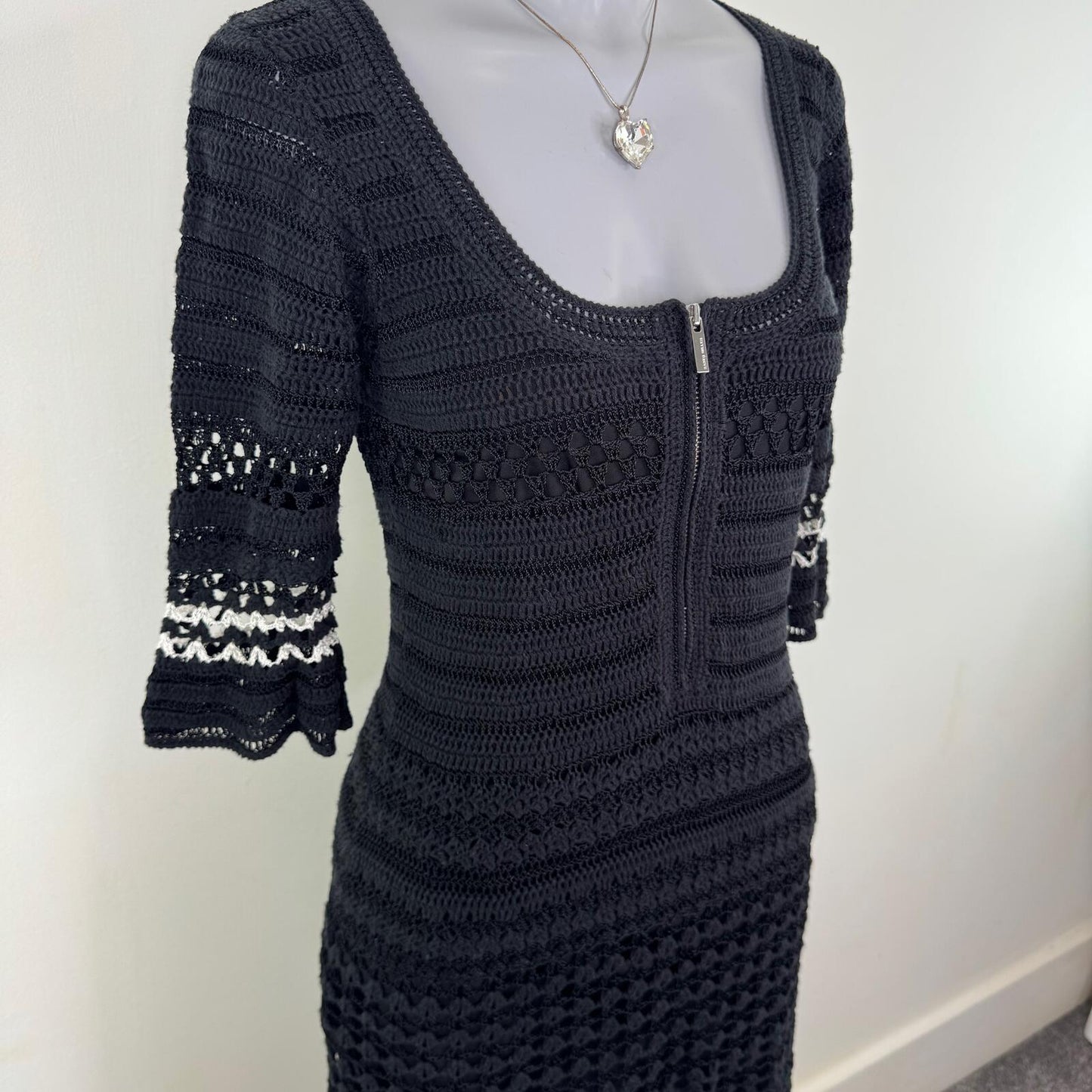 Vintage Karen Millen midi dress half sleeve scoop neck zip crochet knit summer