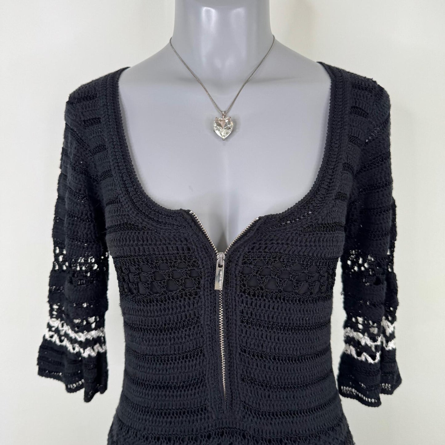 Vintage Karen Millen midi dress half sleeve scoop neck zip crochet knit summer
