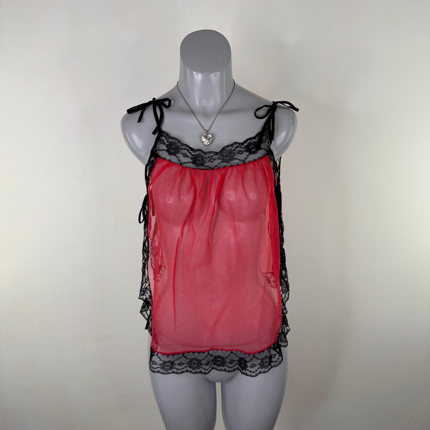Vintage mesh cami top lace trim adjustable bow strap red black lingerie