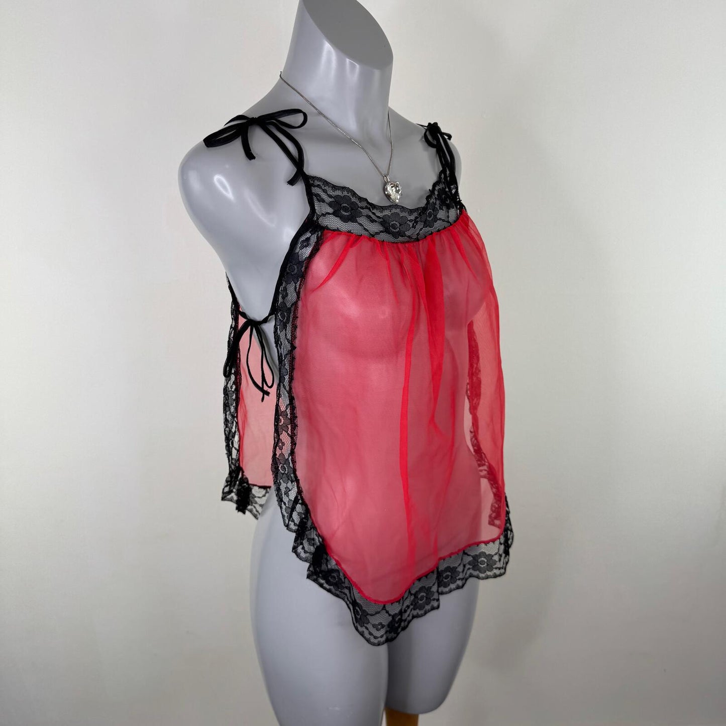 Vintage mesh cami top lace trim adjustable bow strap red black lingerie