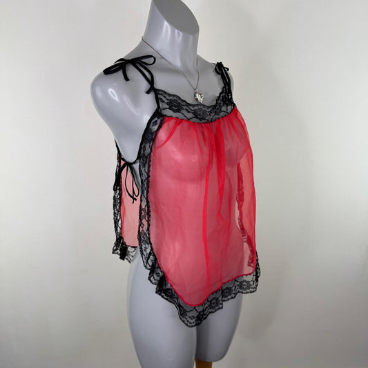Vintage mesh cami top lace trim adjustable bow strap red black lingerie