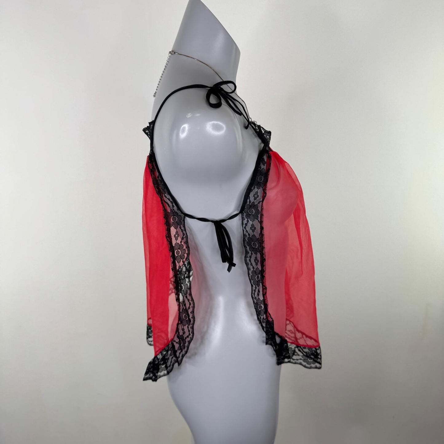 Vintage mesh cami top lace trim adjustable bow strap red black lingerie