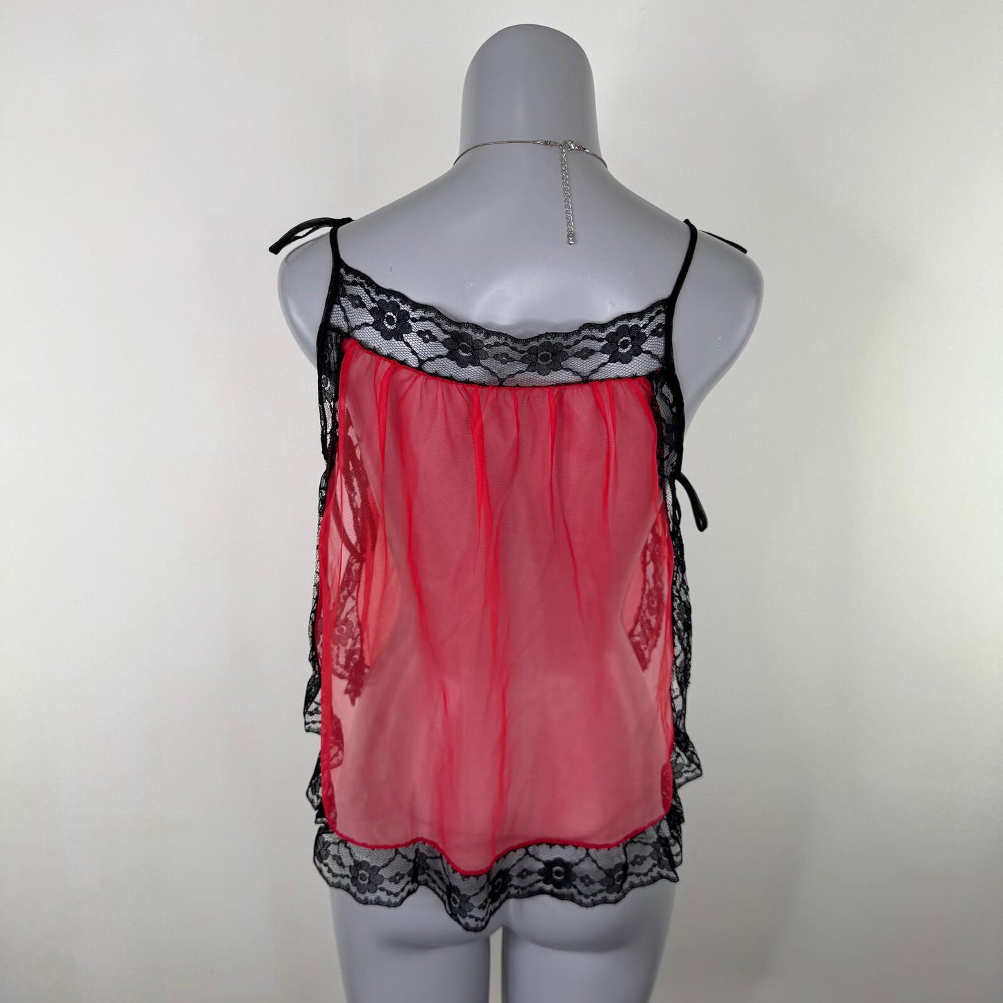 Vintage mesh cami top lace trim adjustable bow strap red black lingerie