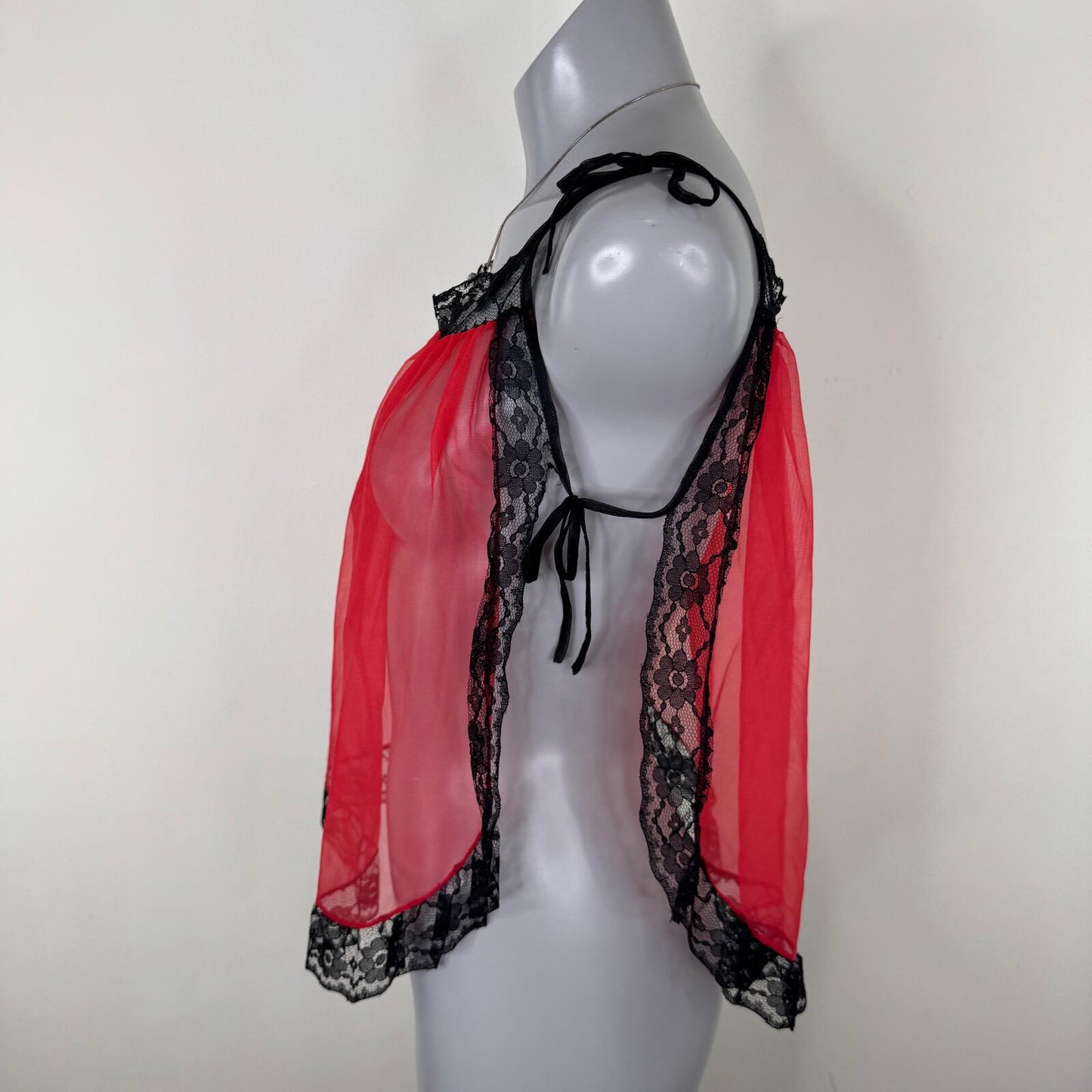 Vintage mesh cami top lace trim adjustable bow strap red black lingerie