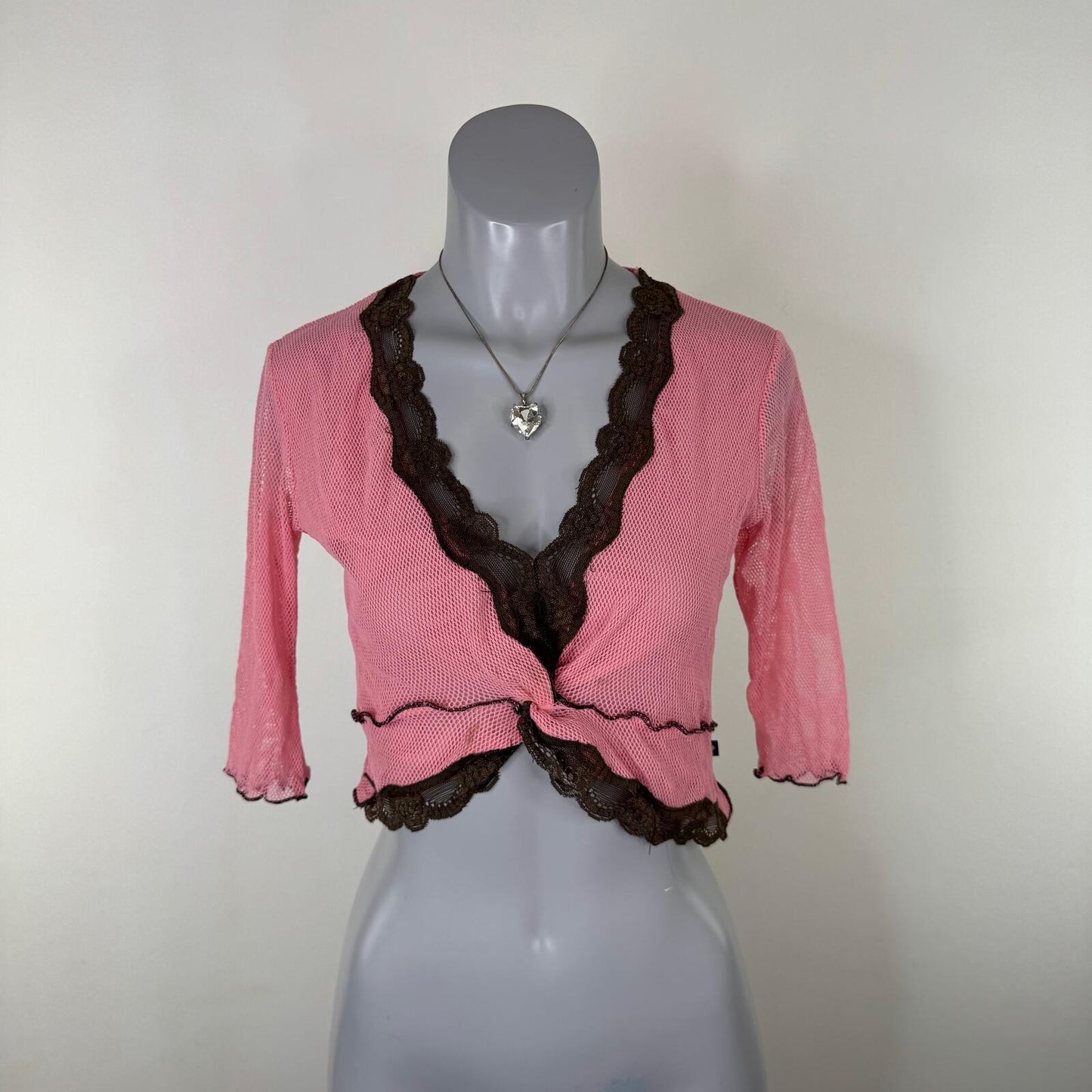 Y2K vintage Morgan De Toi top mesh lace trim pink brown fishnet cropped v neck