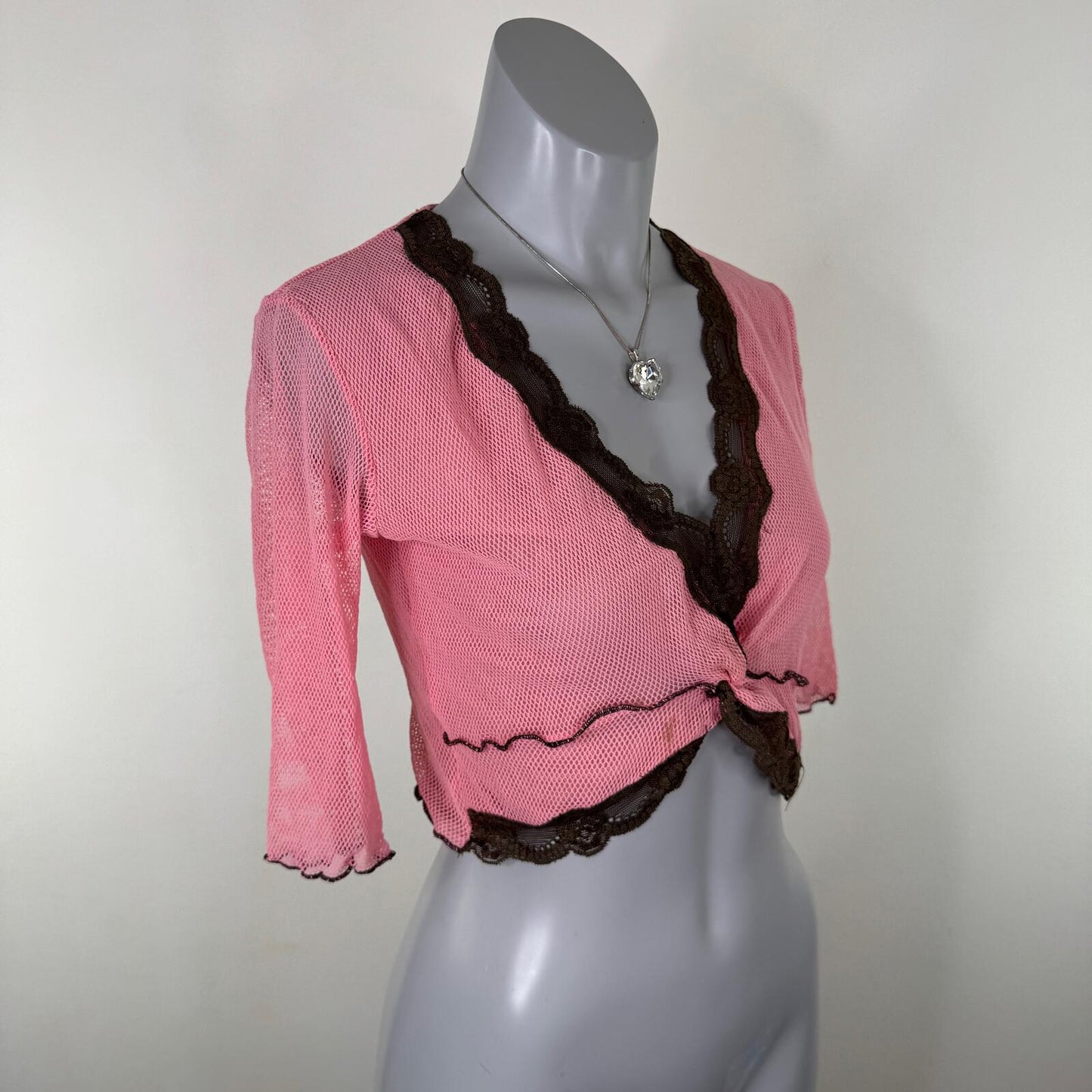 Y2K vintage Morgan De Toi top mesh lace trim pink brown fishnet cropped v neck