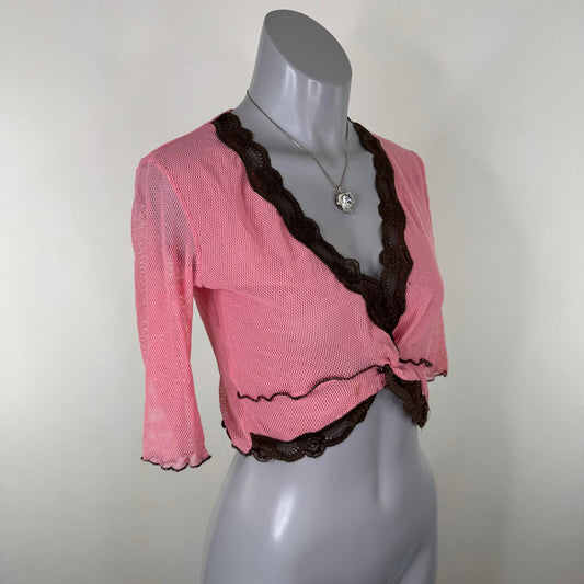 Y2K vintage Morgan De Toi top mesh lace trim pink brown fishnet cropped v neck