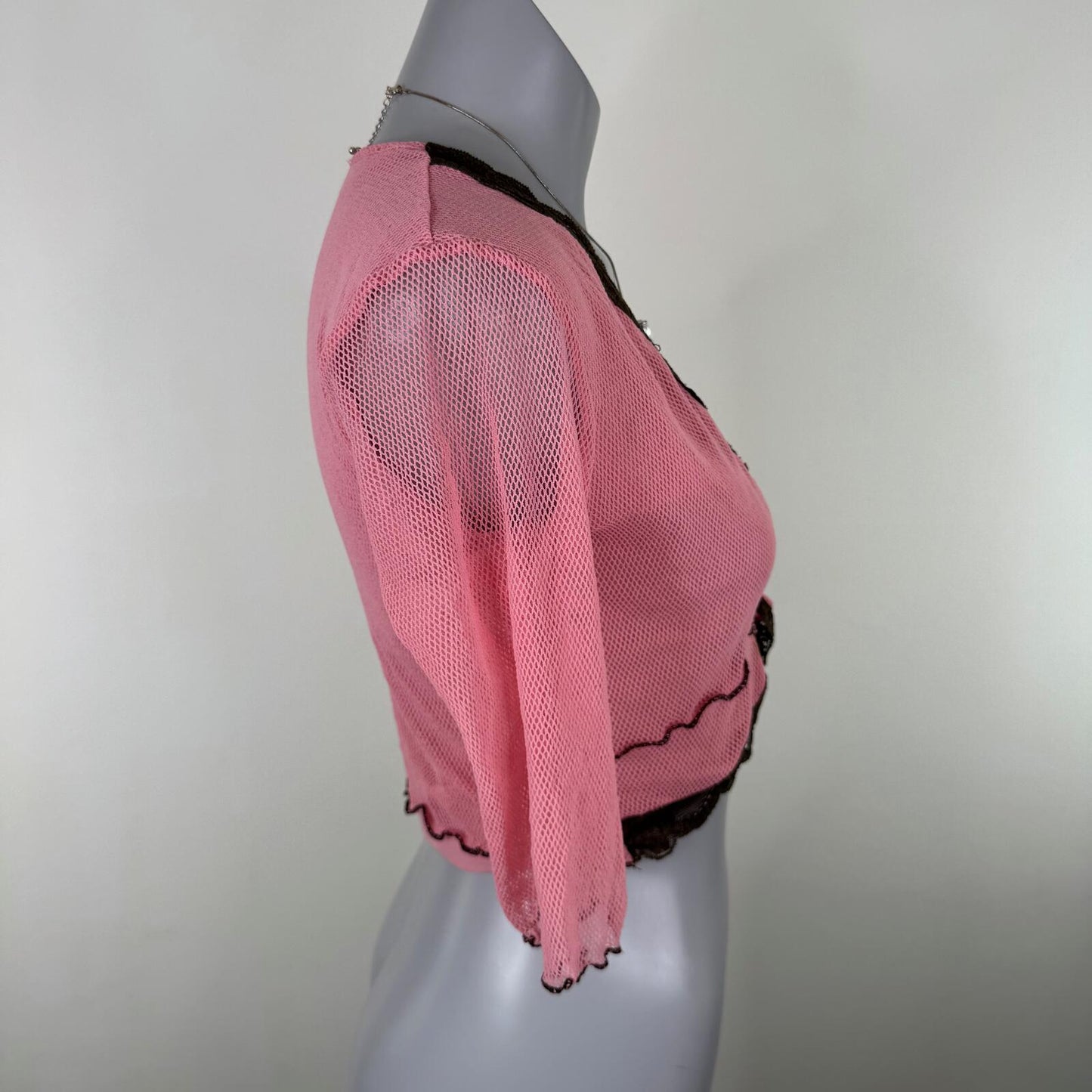 Y2K vintage Morgan De Toi top mesh lace trim pink brown fishnet cropped v neck