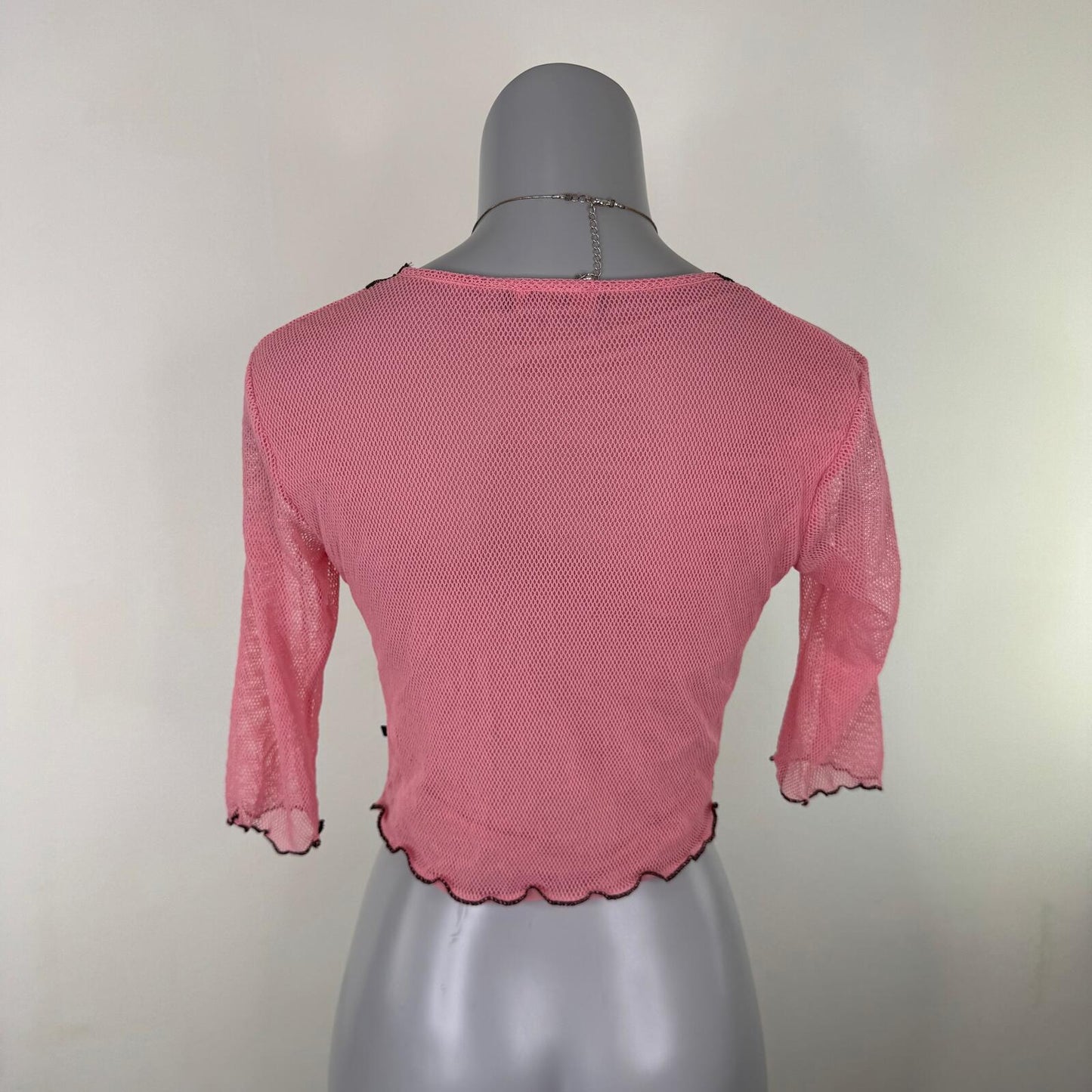 Y2K vintage Morgan De Toi top mesh lace trim pink brown fishnet cropped v neck
