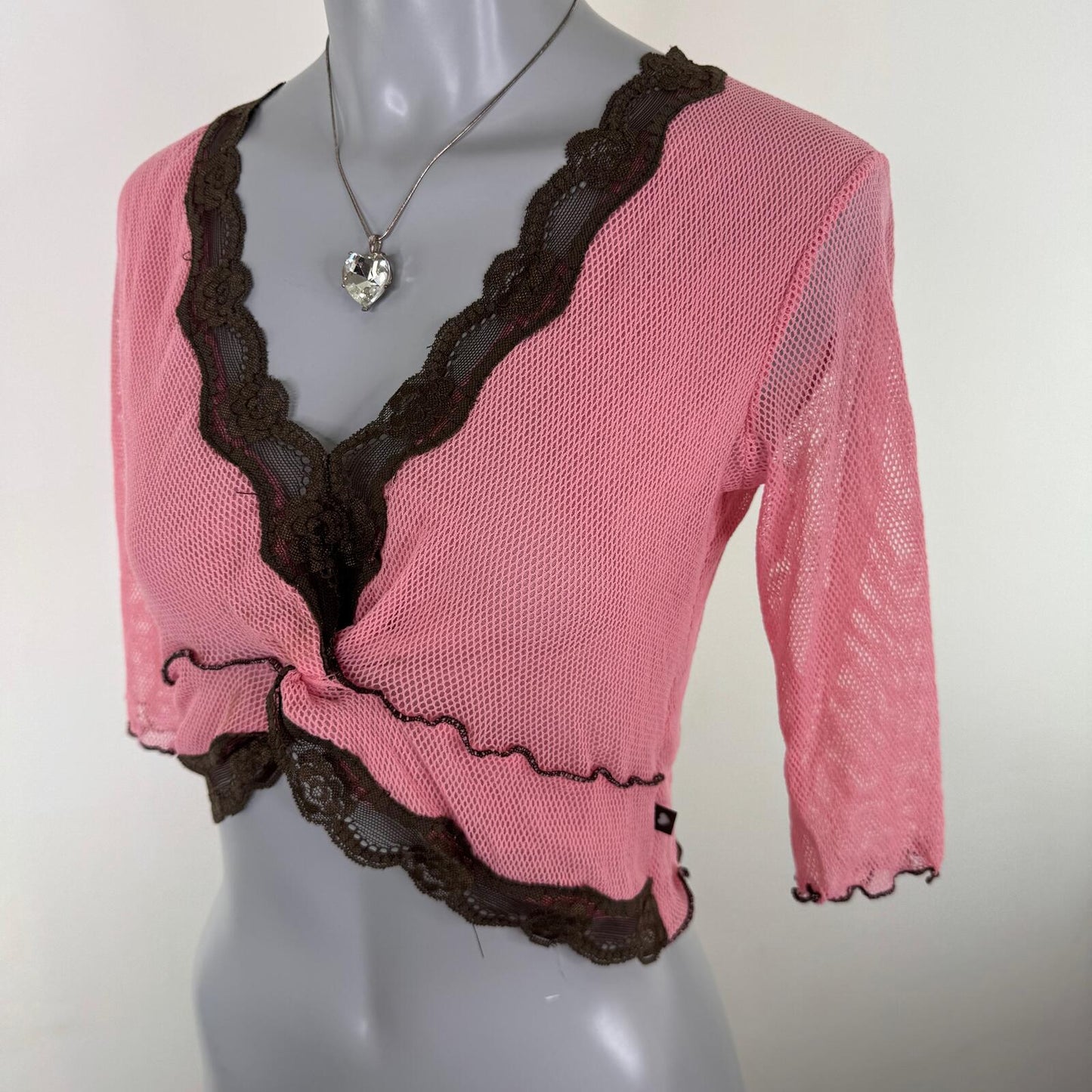 Y2K vintage Morgan De Toi top mesh lace trim pink brown fishnet cropped v neck