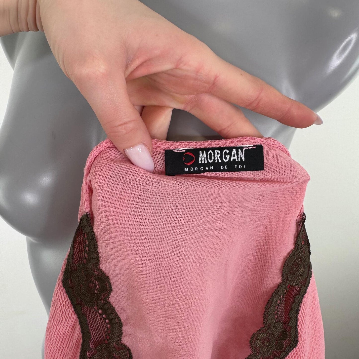 Y2K vintage Morgan De Toi top mesh lace trim pink brown fishnet cropped v neck