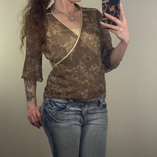 Y2K vintage silk blouse floral 3/4 sleeve sequin v neck sheer with cami top