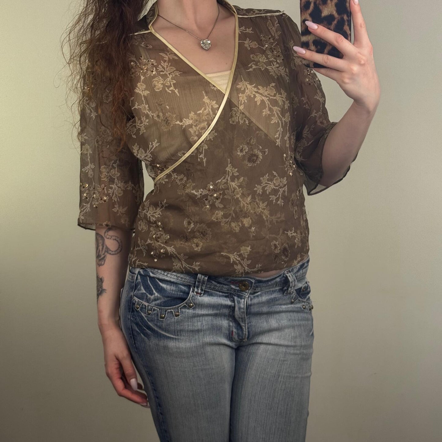 Y2K vintage silk blouse floral 3/4 sleeve sequin v neck sheer with cami top