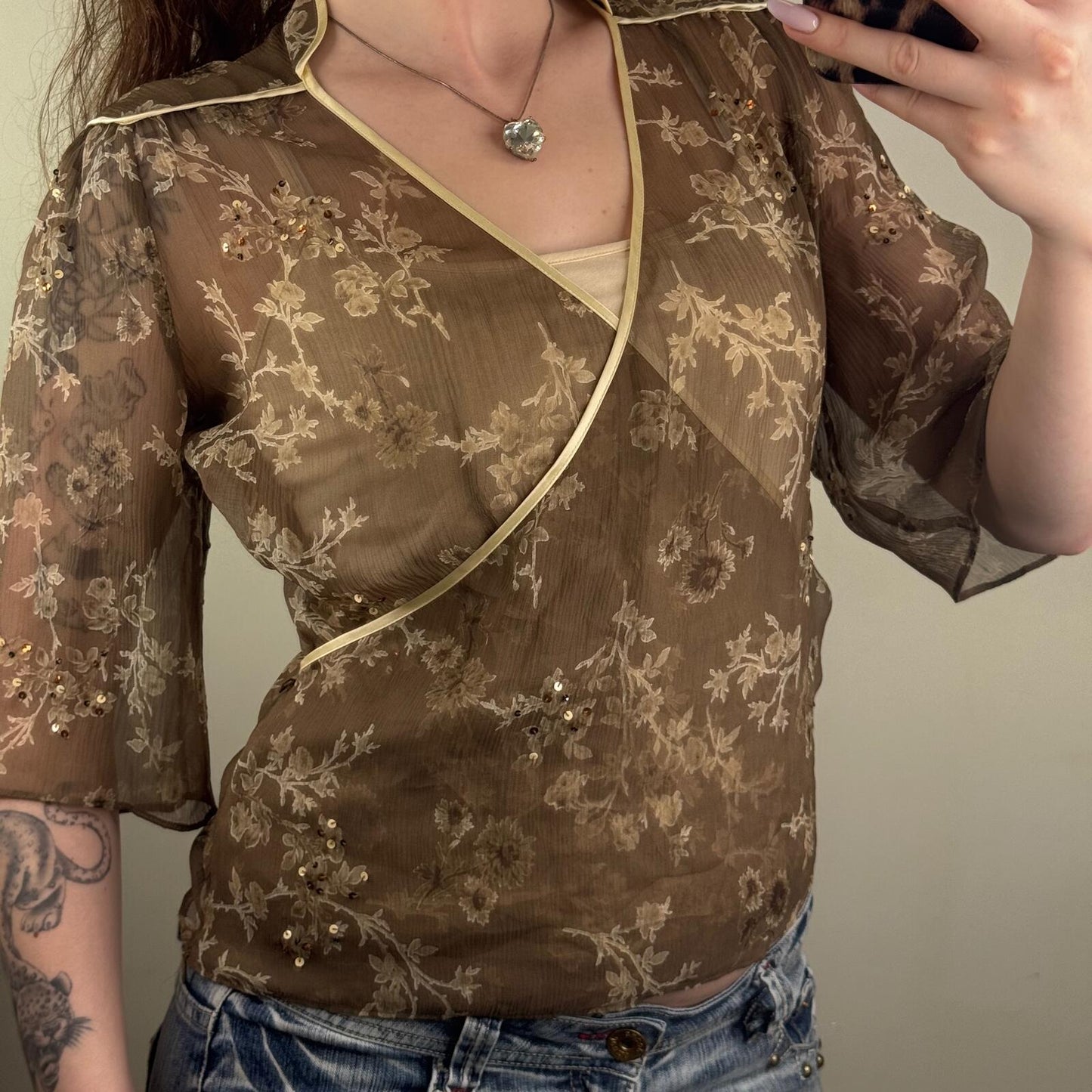 Y2K vintage silk blouse floral 3/4 sleeve sequin v neck sheer with cami top