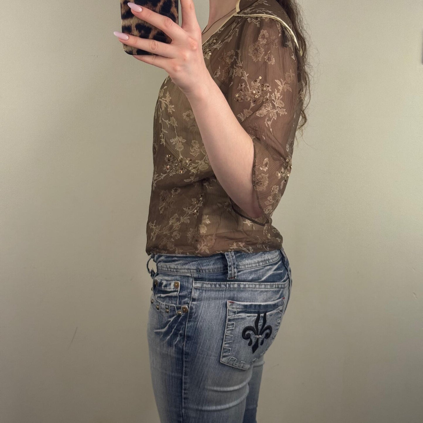 Y2K vintage silk blouse floral 3/4 sleeve sequin v neck sheer with cami top