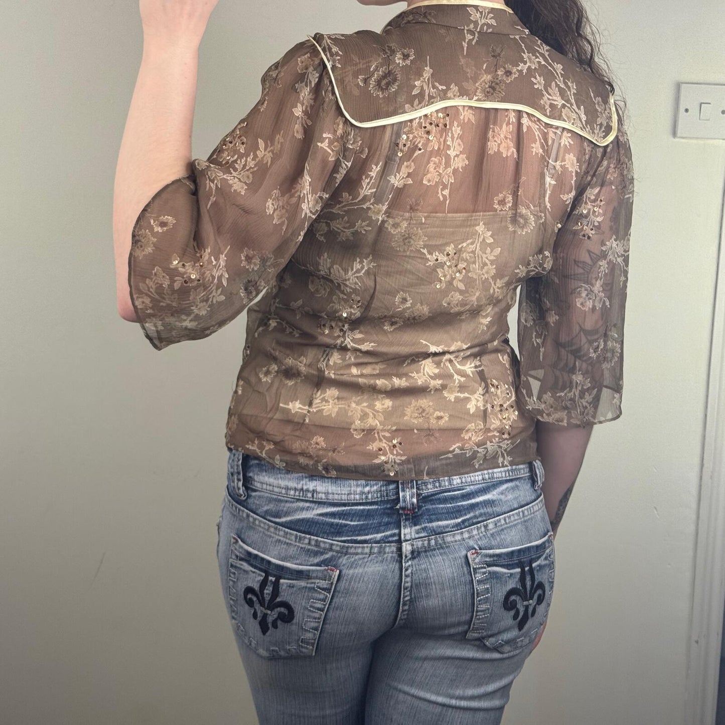 Y2K vintage silk blouse floral 3/4 sleeve sequin v neck sheer with cami top