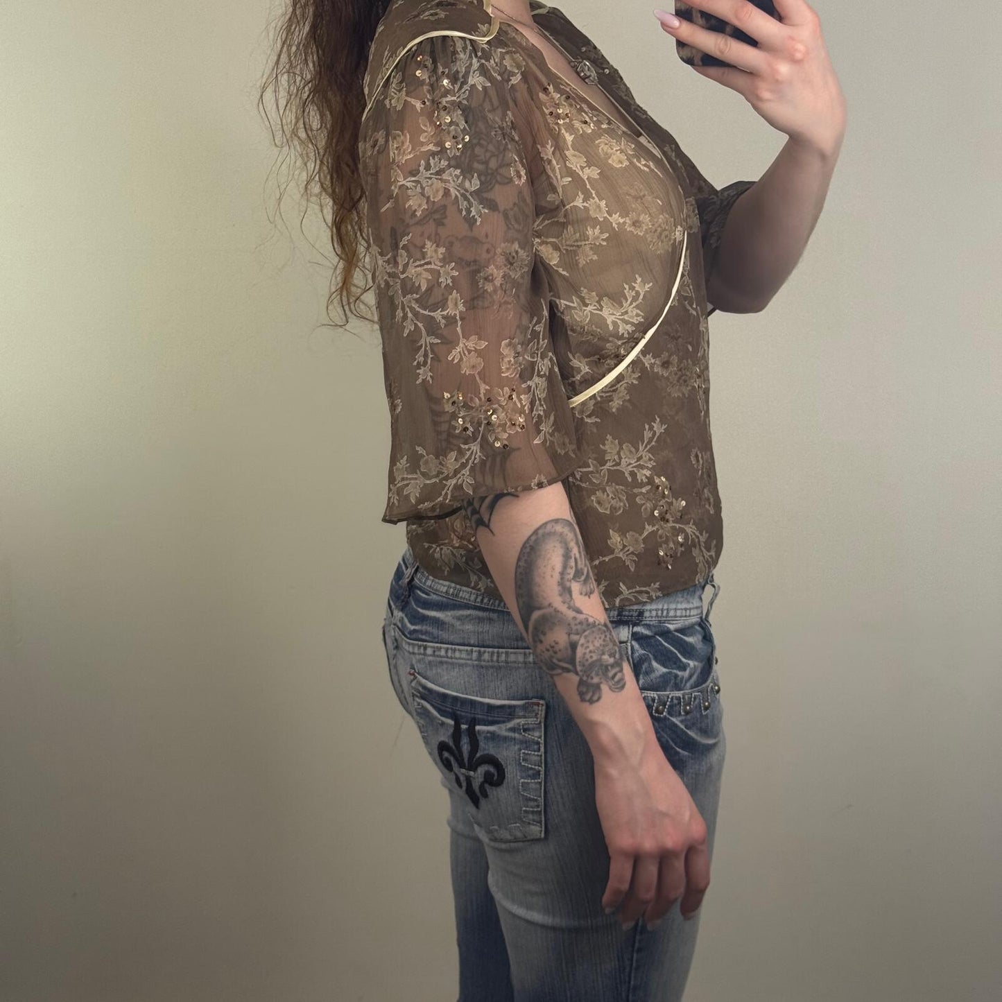 Y2K vintage silk blouse floral 3/4 sleeve sequin v neck sheer with cami top