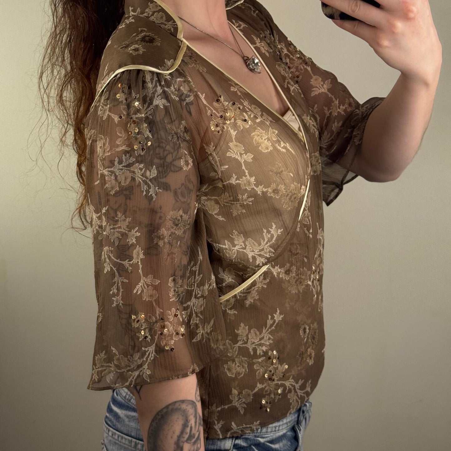 Y2K vintage silk blouse floral 3/4 sleeve sequin v neck sheer with cami top