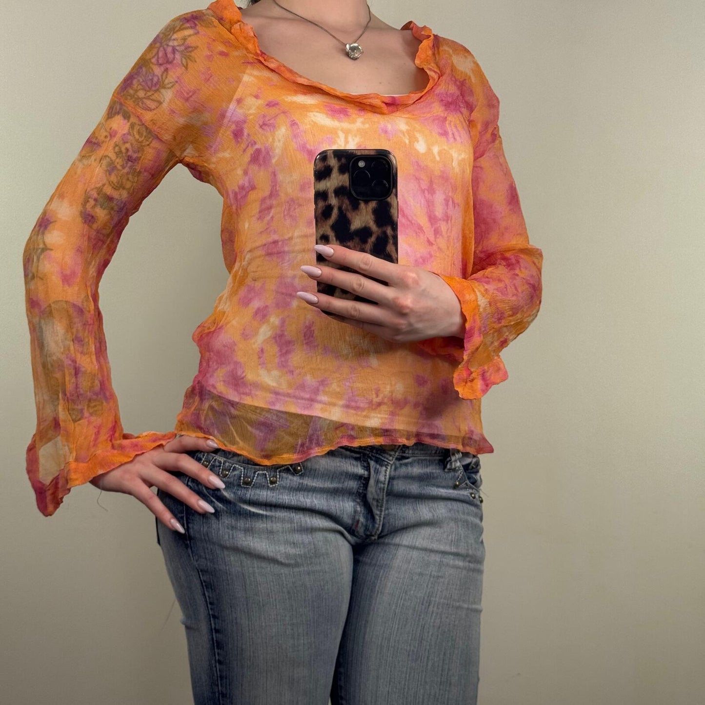 Y2K vintage maje 100% silk blouse sheer cowl neck tie dye flare sleeve orange