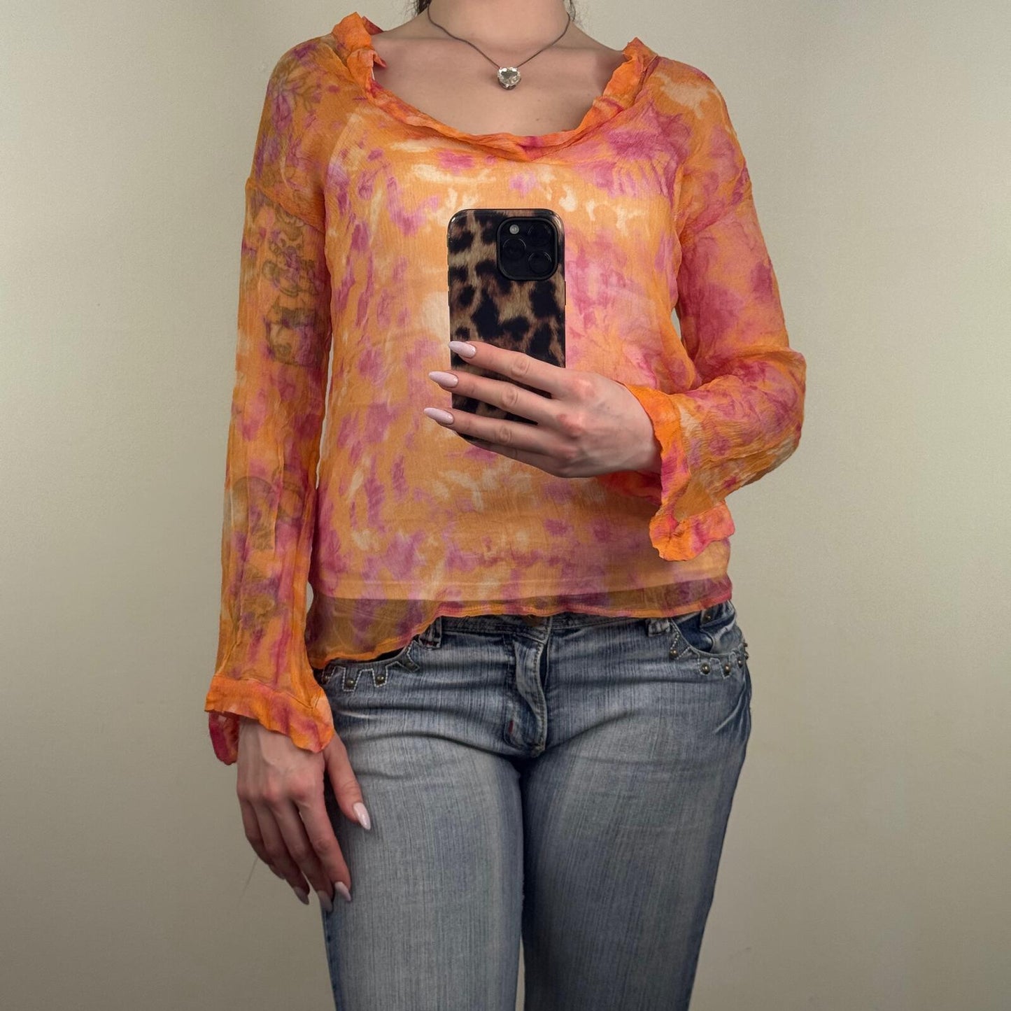 Y2K vintage maje 100% silk blouse sheer cowl neck tie dye flare sleeve orange