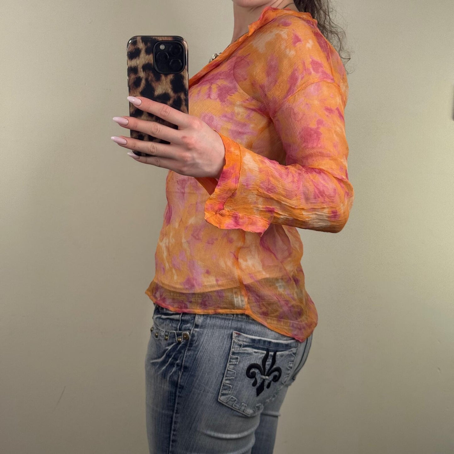 Y2K vintage maje 100% silk blouse sheer cowl neck tie dye flare sleeve orange