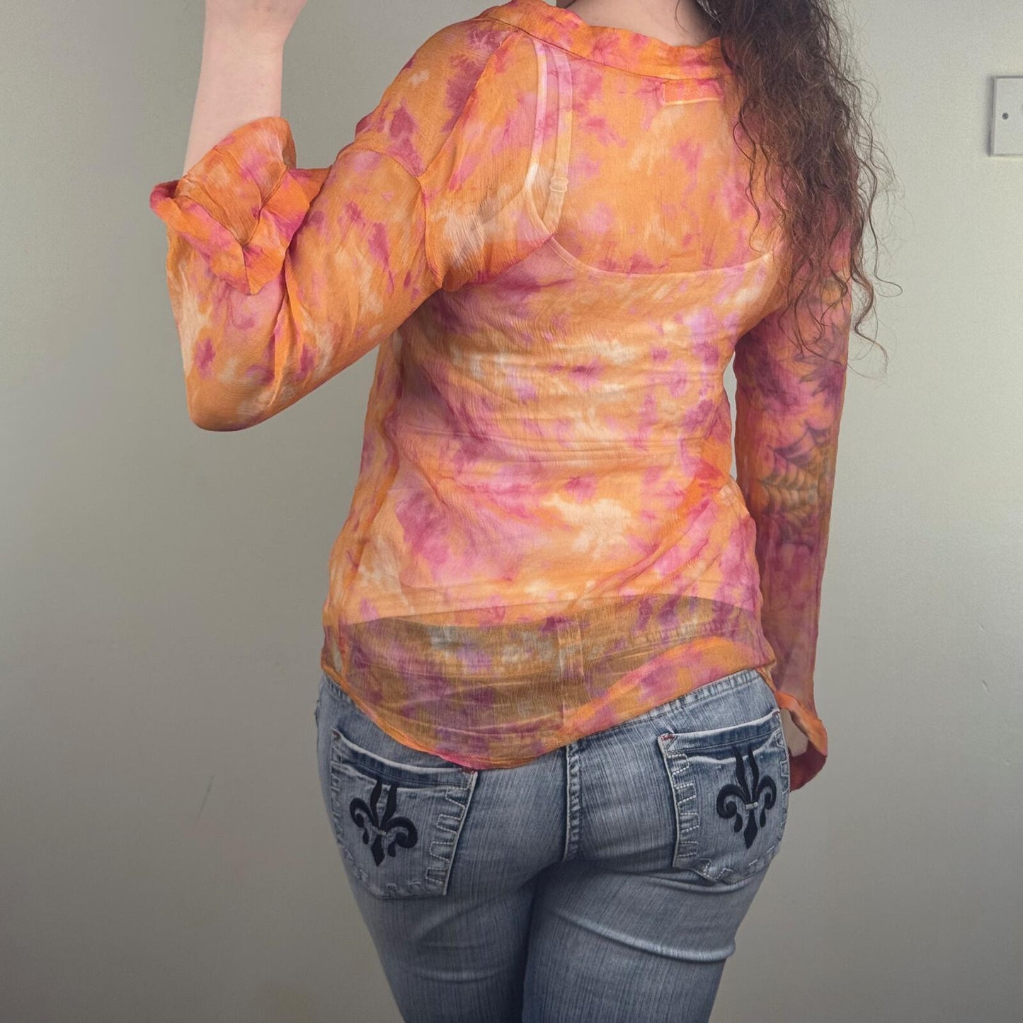 Y2K vintage maje 100% silk blouse sheer cowl neck tie dye flare sleeve orange